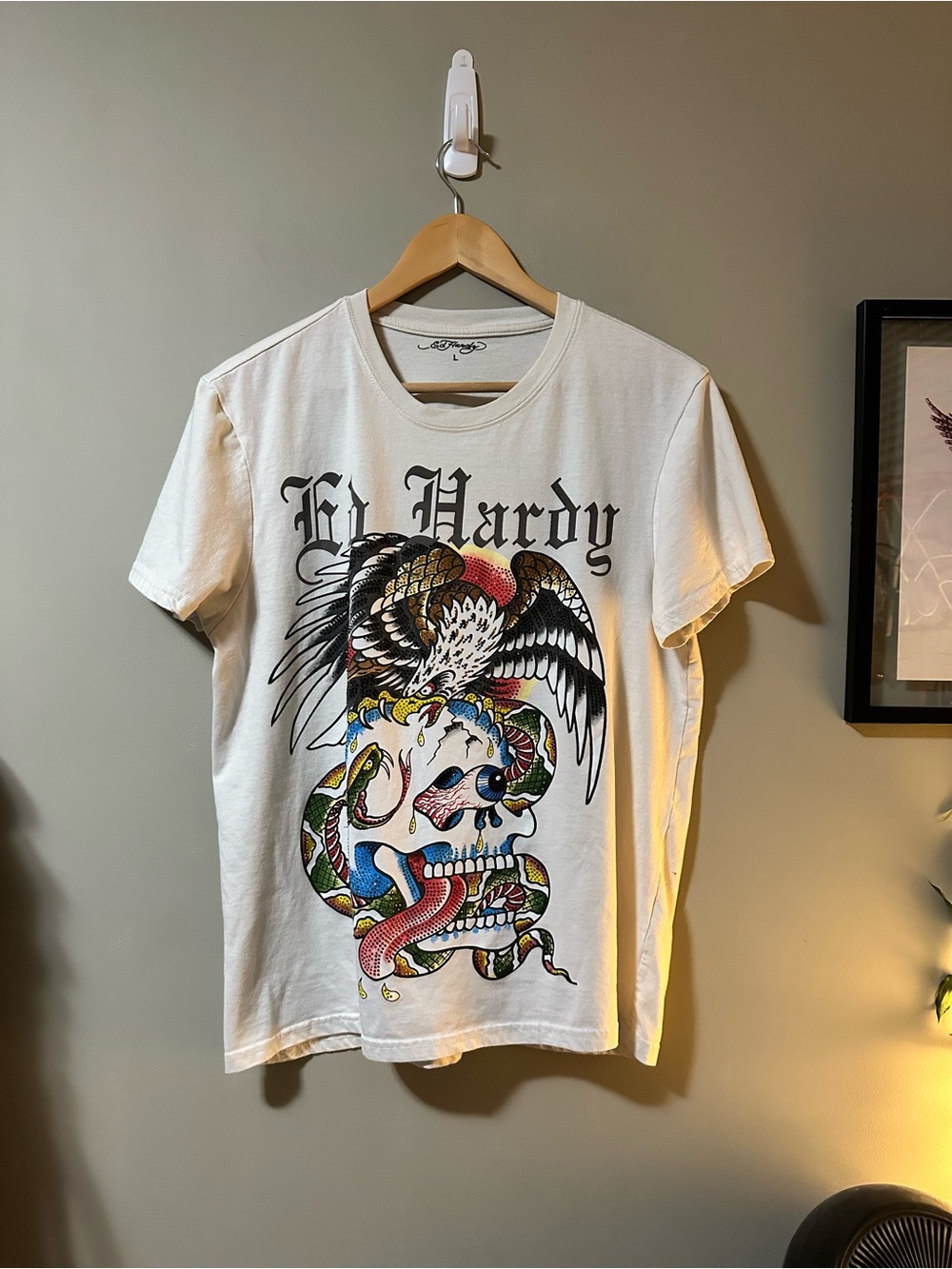 Ed Hardy White Short-Sleeve Tee with Multicolor Eagle & Snake Graphic